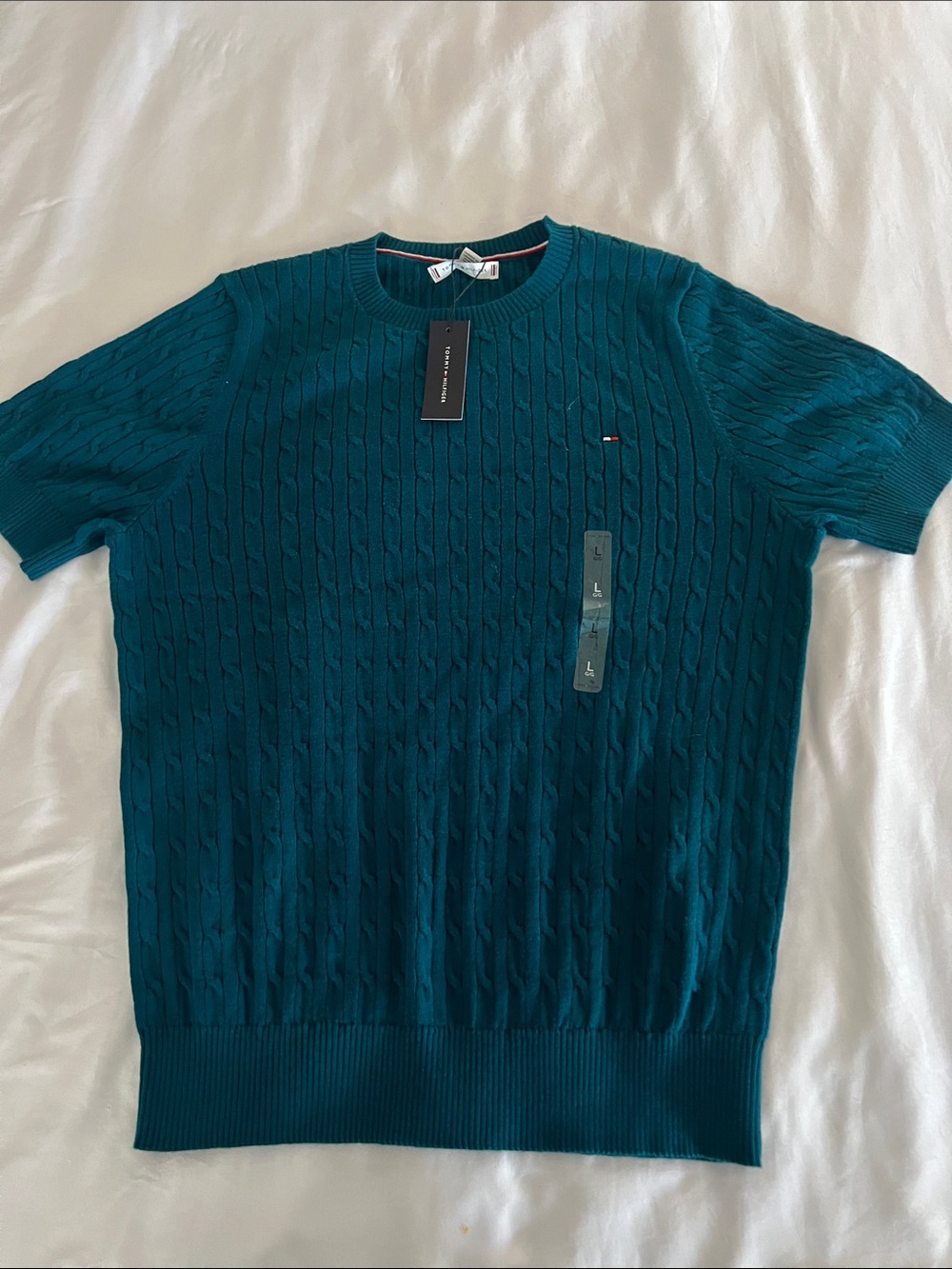 Tommy Hilfiger Teal Cable Knit Short-Sleeve Sweater